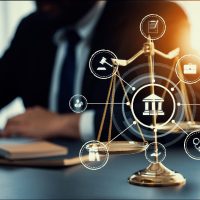 Una balanza sobre un escritorio con iconos legales superpuestos; una persona en traje está escribiendo al fondo, sugiriendo temas de ley y justicia. Una balanza sobre un escritorio con iconos legales superpuestos; una persona en traje está escribiendo al fondo, sugiriendo temas de ley y justicia.