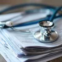 Un estetoscopio reposa sobre una gran pila de documentos y papeles médicos en una superficie de madera. Un estetoscopio reposa sobre una gran pila de documentos y papeles médicos en una superficie de madera.
