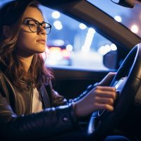 Mujer joven con gafas y chaqueta de cuero conduciendo un auto de noche, concentrada en la carretera con luces de la ciudad al fondo, concepto de conducción segura y desplazamiento urbano. Mujer joven con gafas y chaqueta de cuero conduciendo un auto de noche, concentrada en la carretera con luces de la ciudad al fondo, concepto de conducción segura y desplazamiento urbano.