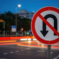 Señal de Prohibido Giro en U al Atardecer con Estelas de Luces de Tráfico Señal de Prohibido Giro en U al Atardecer con Estelas de Luces de Tráfico