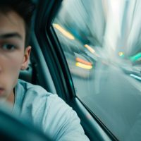 Joven conduciendo a alta velocidad, mostrando los peligros de la conducción agresiva con fondo borroso que enfatiza el movimiento y riesgo de accidente. Joven conduciendo a alta velocidad, mostrando los peligros de la conducción agresiva con fondo borroso que enfatiza el movimiento y riesgo de accidente.