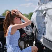 na mujer con vestido a rayas arrodillada junto a un auto, visiblemente angustiada, con daños visibles en un vehículo cercano. na mujer con vestido a rayas arrodillada junto a un auto, visiblemente angustiada, con daños visibles en un vehículo cercano.