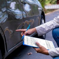 Agente de seguros escribiendo en una tablilla mientras examina un auto después de un accidente, evaluando y procesando la reclamación. Hombre de seguros revisando los daños en la puerta lateral del auto después de un accidente. Agente de seguros escribiendo en una tablilla mientras examina un auto después de un accidente, evaluando y procesando la reclamación. Hombre de seguros revisando los daños en la puerta lateral del auto después de un accidente.