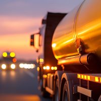 Camión tanque de combustible en la carretera al anochecer, transportando mercancías. La luz del atardecer se refleja en el tanque, creando un resplandor cálido contra el cielo crepuscular.