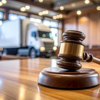 Primer plano de un mazo sobre una mesa de sala de audiencias con un camión de reparto borroso al fondo.