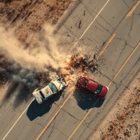 Aerial view of a car crash on a desert highway