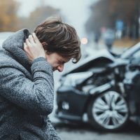 Car Accident Pain. Driver with Whiplash in Traffic Collision Seeking Insurance Claim