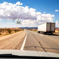 Broken windshield, highway view