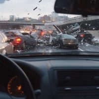 A POV shot from inside a moving car on a busy urban highway, capturing a sudden multi-car pileup ahead with skidding vehicles, flying debris, and brake lights creating a chaotic and dangerous scene