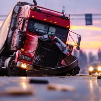 Incident involving a rolled-over semi-truck needing recovery.