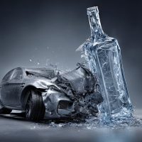 Powerful social advertising against drunk driving, a concept in which a car crashes into a giant bottle of alcohol at high speed, a surrealistic realism, frozen in a frame that symbolizes a fatal mistake
