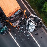 Drunk Car Danger Concept, Aerial View of Nighttime Highway Accident Involving Multiple Vehicles with Significant Damage and Wreckage