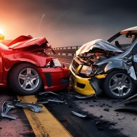 Close Up Of Two Cars Damaged In Road Traffic Accident