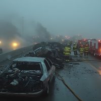 Rescue Open in a Foggy Highway Multi Car Pileup  Firefighters Saving Trapped Drivers in Emergency Response Scene
