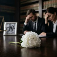 a-single-white-flower-rests-on-a-wooden-desk-near-a-family-photo-and-scales-of-justice-representing-wrongful-death
